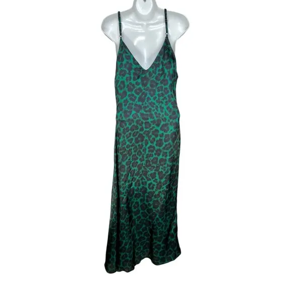 Sandro Amazonie Leopard Print Satin Midi Slip Dress Green Animal Print US 4