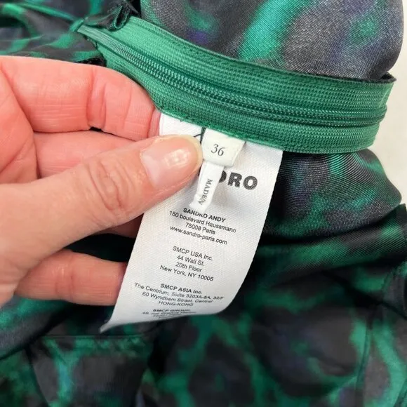 Sandro Amazonie Leopard Print Satin Midi Slip Dress Green Animal Print US 4