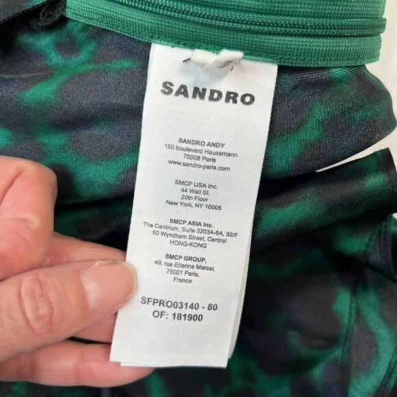 Sandro Amazonie Leopard Print Satin Midi Slip Dress Green Animal Print US 4