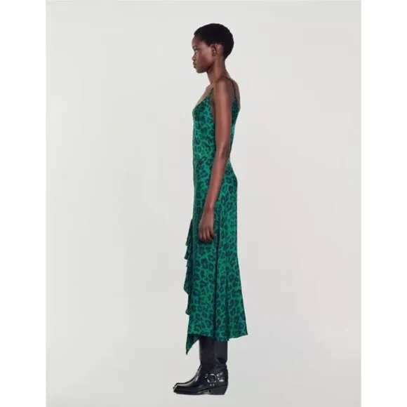 Sandro Amazonie Leopard Print Satin Midi Slip Dress Green Animal Print US 4