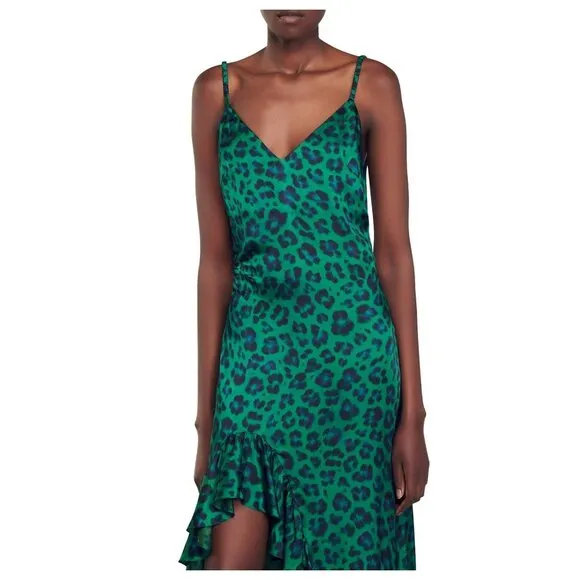 Sandro Amazonie Leopard Print Satin Midi Slip Dress Green Animal Print US 4