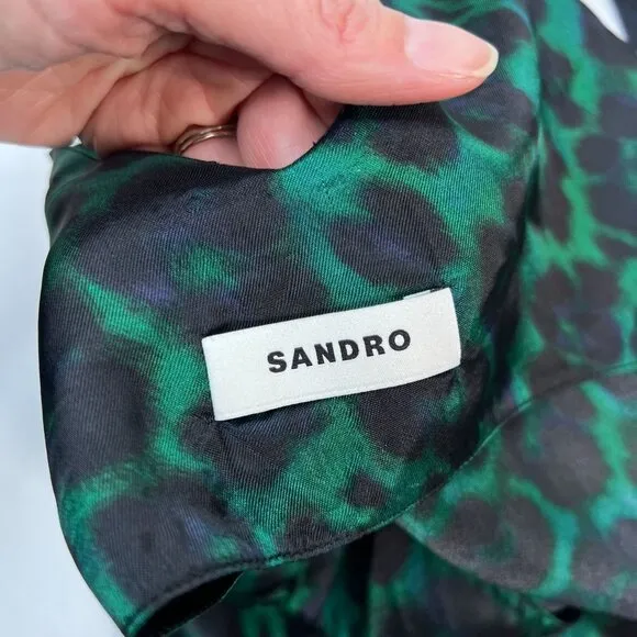 Sandro Amazonie Leopard Print Satin Midi Slip Dress Green Animal Print US 4