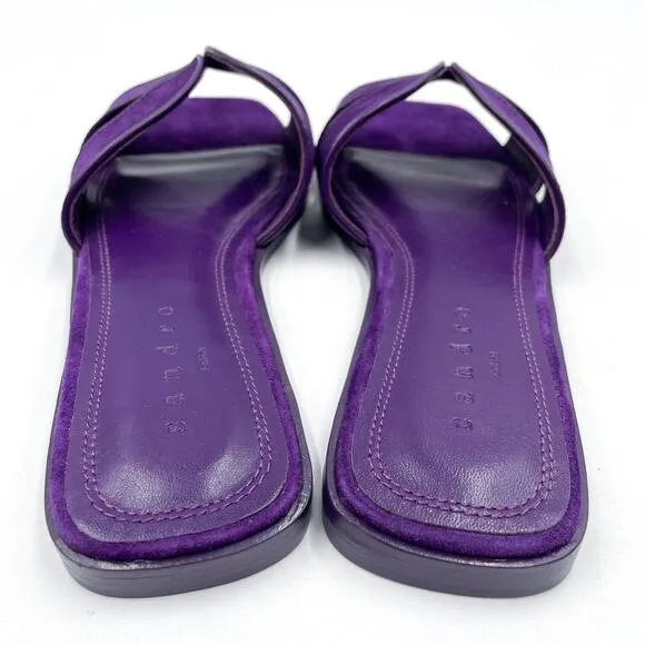 Sandro Elly Suede Sandals Purple Slides Leather Trimmed Square Toe Sz 37 / 6