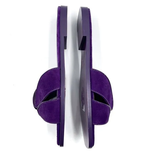 Sandro Elly Suede Sandals Purple Slides Leather Trimmed Square Toe Sz 37 / 6