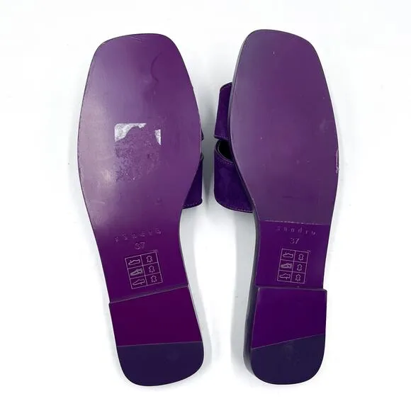 Sandro Elly Suede Sandals Purple Slides Leather Trimmed Square Toe Sz 37 / 6
