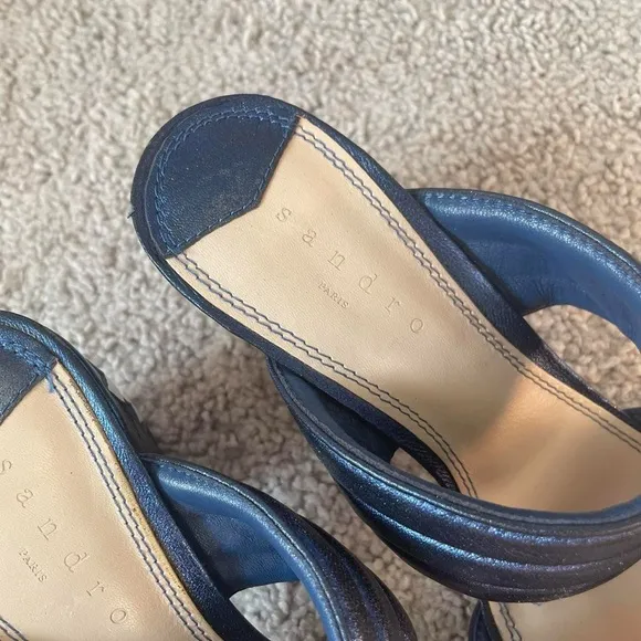sandro paris navy blue cushion block heels with white stars