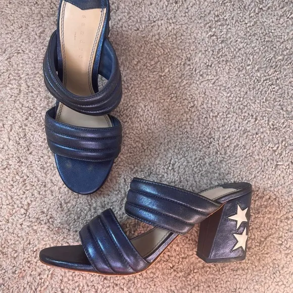 sandro paris navy blue cushion block heels with white stars
