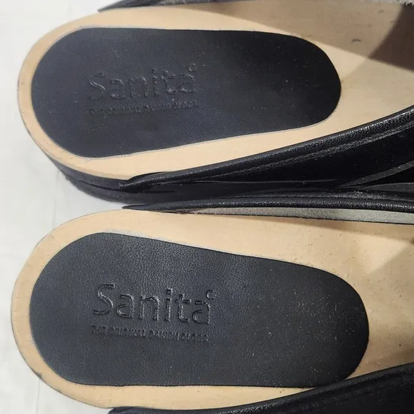 Sanita Clogs Mules Wooden Heel Black Leather Women's Size EU 41/ US9.5-10 NWOB