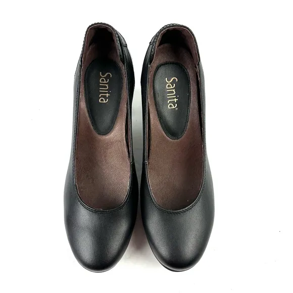 Sanita Heels 38 Black Leather Pumps Block Heel Slip On Womens