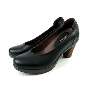 Sanita Heels 38 Black Leather Pumps Block Heel Slip On Womens