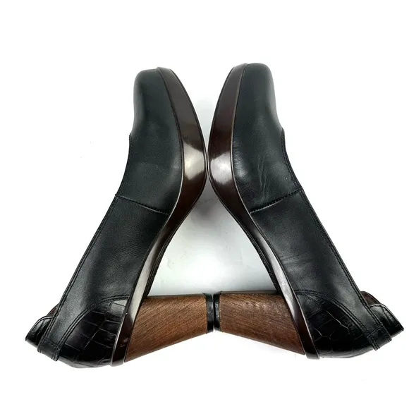 Sanita Heels 38 Black Leather Pumps Block Heel Slip On Womens
