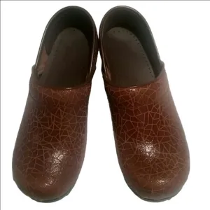 𝅺SANITA Professional Leather Clogs Euro 37 Brown Geo Print Sonny Model