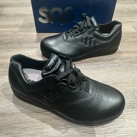 SAS Free Time Comfort Black Leather Lace Up Walking Sneakers