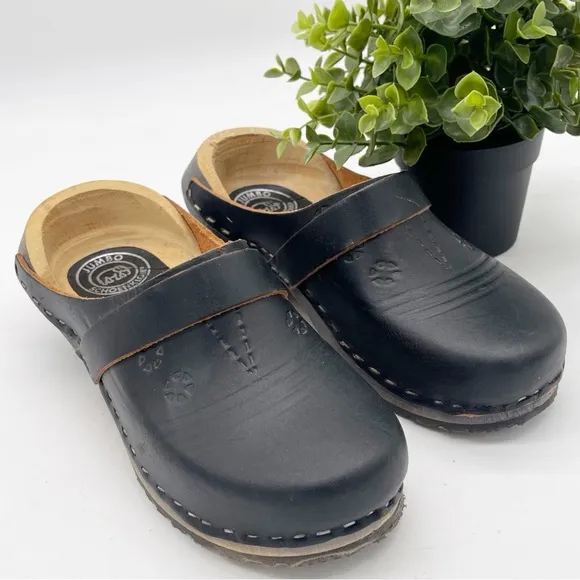 Schoenklomp Leather Wooden Clogs Size 35 Dutch Holland Black
