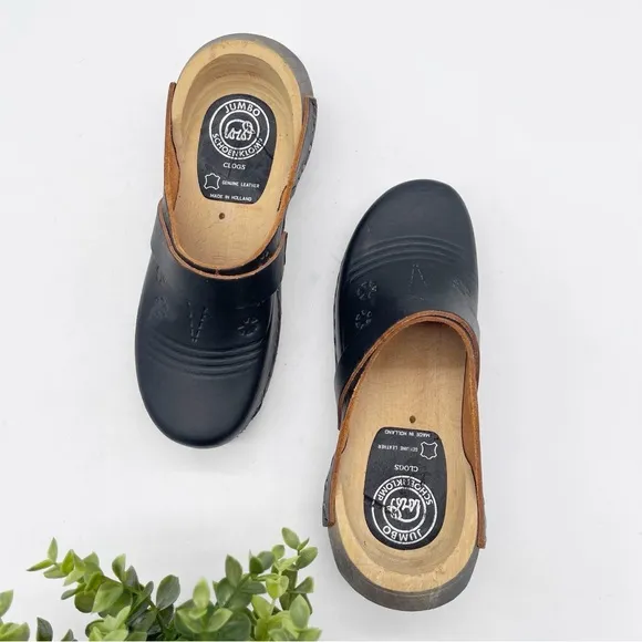 Schoenklomp Leather Wooden Clogs Size 35 Dutch Holland Black