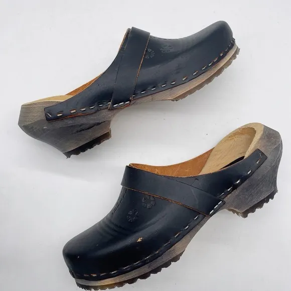 Schoenklomp Leather Wooden Clogs Size 35 Dutch Holland Black