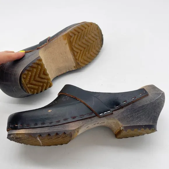 Schoenklomp Leather Wooden Clogs Size 35 Dutch Holland Black