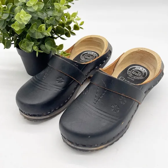Schoenklomp Leather Wooden Clogs Size 35 Dutch Holland Black
