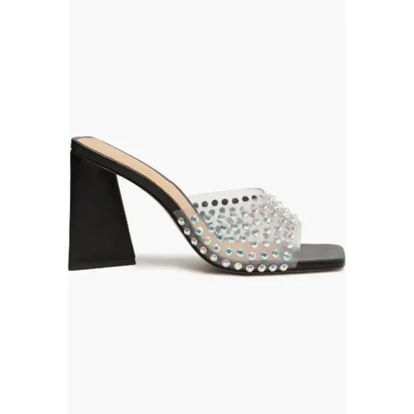 Schutz Heels Black Lizah Crystal Clear Slip On Sandals Block Heel 8 US NIB