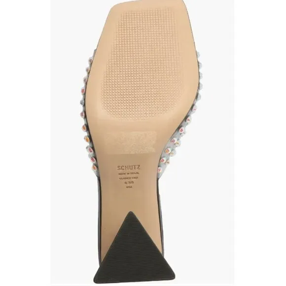 Schutz Heels Black Lizah Crystal Clear Slip On Sandals Block Heel 8 US NIB
