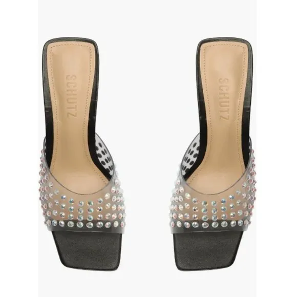 Schutz Heels Black Lizah Crystal Clear Slip On Sandals Block Heel 8 US NIB