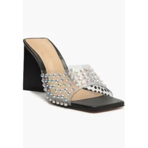 Schutz Heels Black Lizah Crystal Clear Slip On Sandals Block Heel 8 US NIB