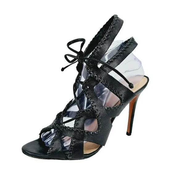 Schutz Lenna Heels 9.5 B Black Leather Strappy Caged Cut Out Lace Up Open Toe
