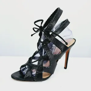 Schutz Lenna Heels 9.5 B Black Leather Strappy Caged Cut Out Lace Up Open Toe