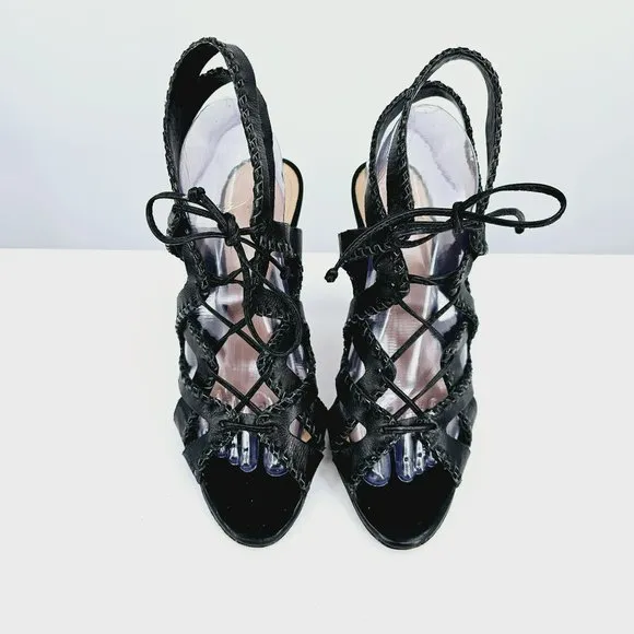 Schutz Lenna Heels 9.5 B Black Leather Strappy Caged Cut Out Lace Up Open Toe