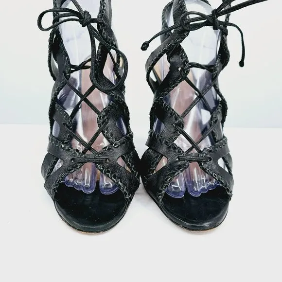 Schutz Lenna Heels 9.5 B Black Leather Strappy Caged Cut Out Lace Up Open Toe