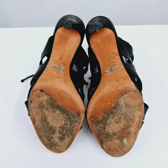 Schutz Lenna Heels 9.5 B Black Leather Strappy Caged Cut Out Lace Up Open Toe