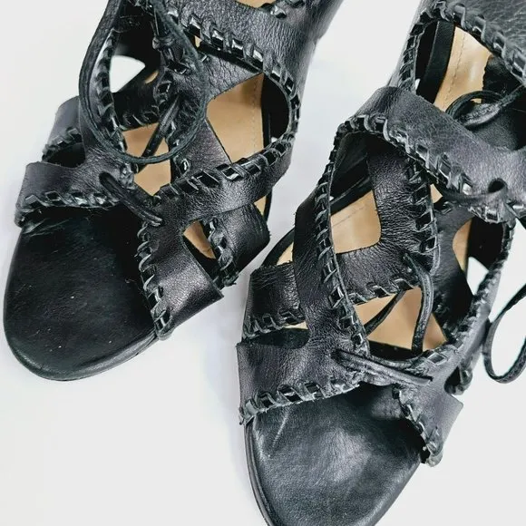 Schutz Lenna Heels 9.5 B Black Leather Strappy Caged Cut Out Lace Up Open Toe