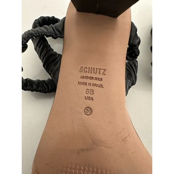 Schutz Lirah Mid Leather Heel Sandal Black Triangle Block Heel Comfort Size 6