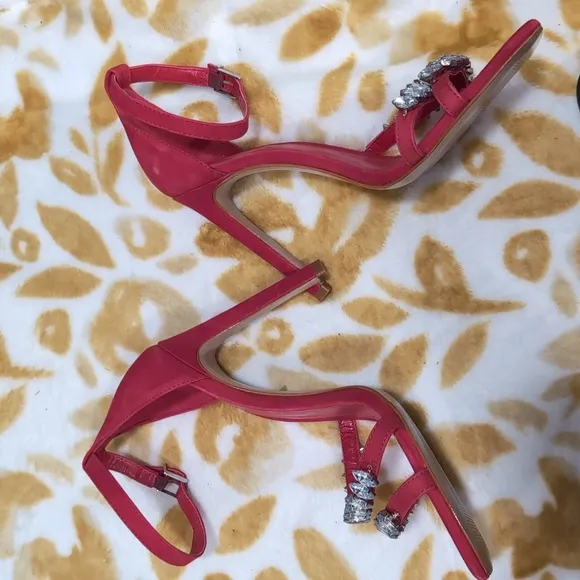 SCHUTZ Red Stiletto Heels with Rhinestone Straps