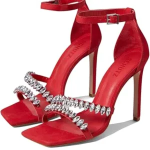 SCHUTZ Red Stiletto Heels with Rhinestone Straps