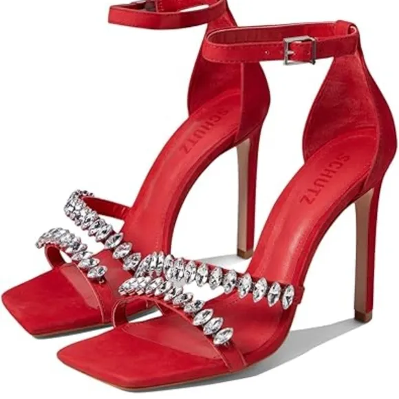 SCHUTZ Red Stiletto Heels with Rhinestone Straps