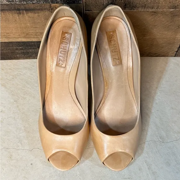 Schutz Women's Tan Leather Stiletto Open Toe Heels Size 10 AB 151