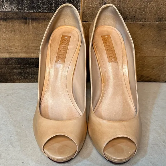 Schutz Women's Tan Leather Stiletto Open Toe Heels Size 10 AB 151