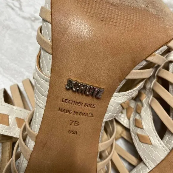 SCHUTZ Snake Print Caged High Heels Leather Sole White Tan Open Toe Ankle Strap