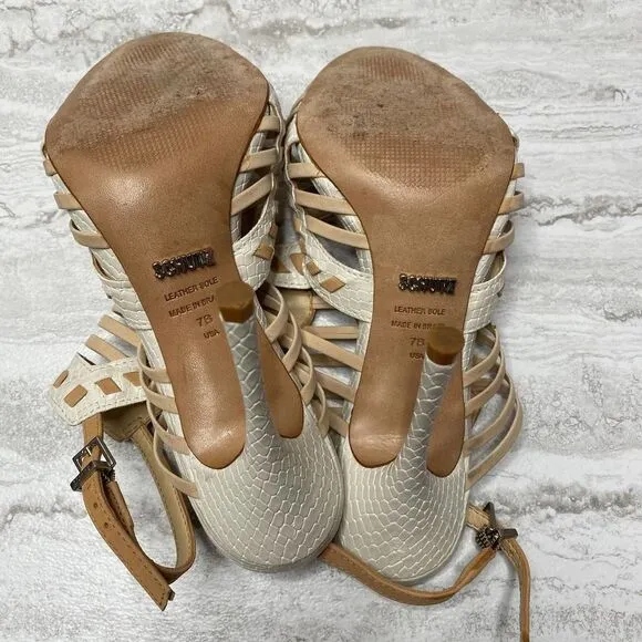 SCHUTZ Snake Print Caged High Heels Leather Sole White Tan Open Toe Ankle Strap