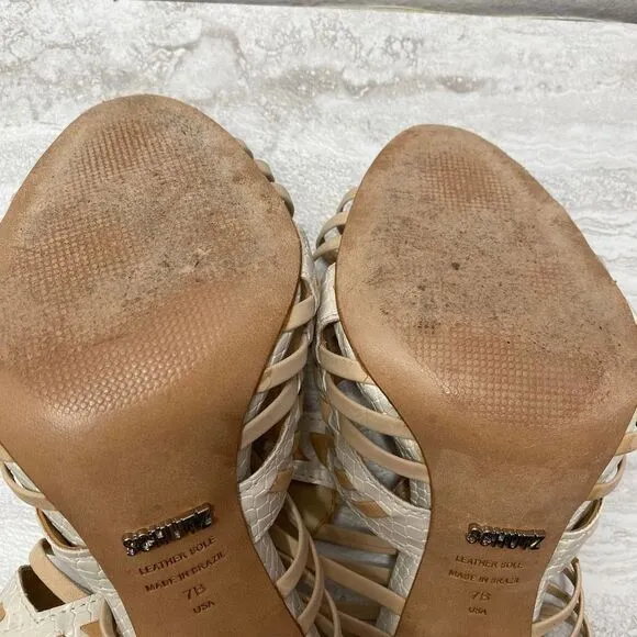 SCHUTZ Snake Print Caged High Heels Leather Sole White Tan Open Toe Ankle Strap