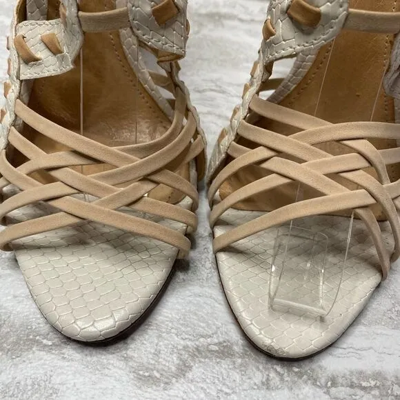 SCHUTZ Snake Print Caged High Heels Leather Sole White Tan Open Toe Ankle Strap