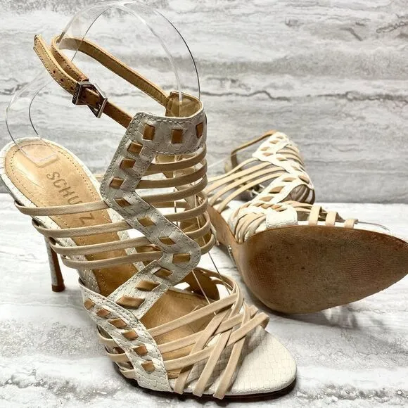SCHUTZ Snake Print Caged High Heels Leather Sole White Tan Open Toe Ankle Strap