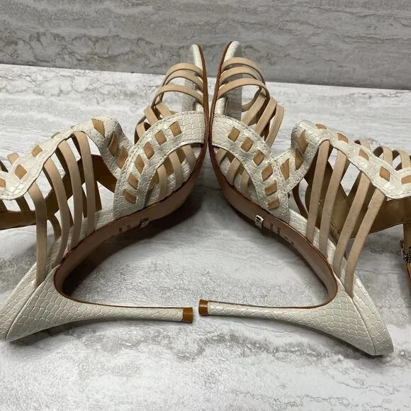 SCHUTZ Snake Print Caged High Heels Leather Sole White Tan Open Toe Ankle Strap