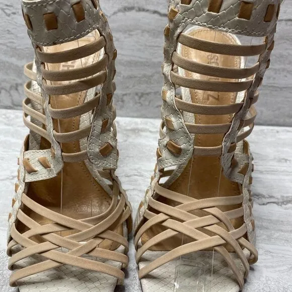 SCHUTZ Snake Print Caged High Heels Leather Sole White Tan Open Toe Ankle Strap
