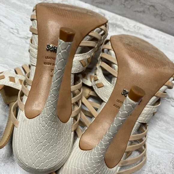 SCHUTZ Snake Print Caged High Heels Leather Sole White Tan Open Toe Ankle Strap