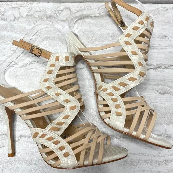 SCHUTZ Snake Print Caged High Heels Leather Sole White Tan Open Toe Ankle Strap