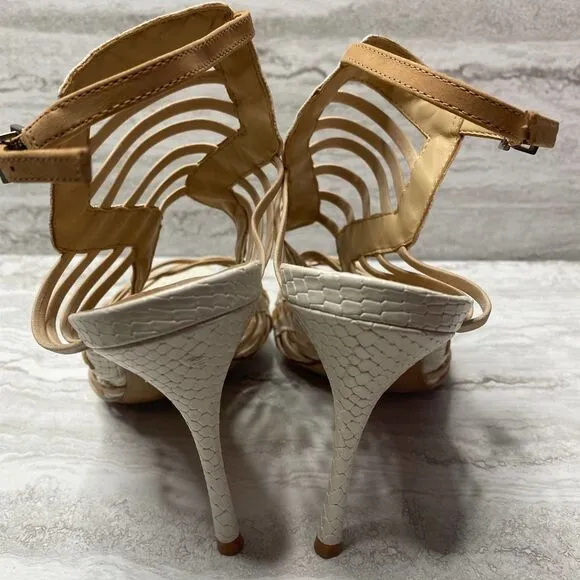 SCHUTZ Snake Print Caged High Heels Leather Sole White Tan Open Toe Ankle Strap
