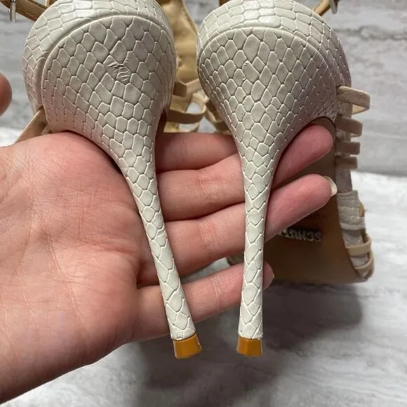 SCHUTZ Snake Print Caged High Heels Leather Sole White Tan Open Toe Ankle Strap