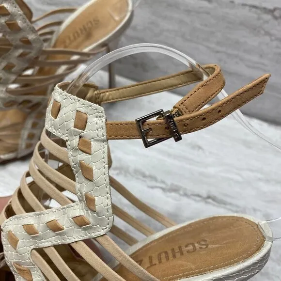 SCHUTZ Snake Print Caged High Heels Leather Sole White Tan Open Toe Ankle Strap